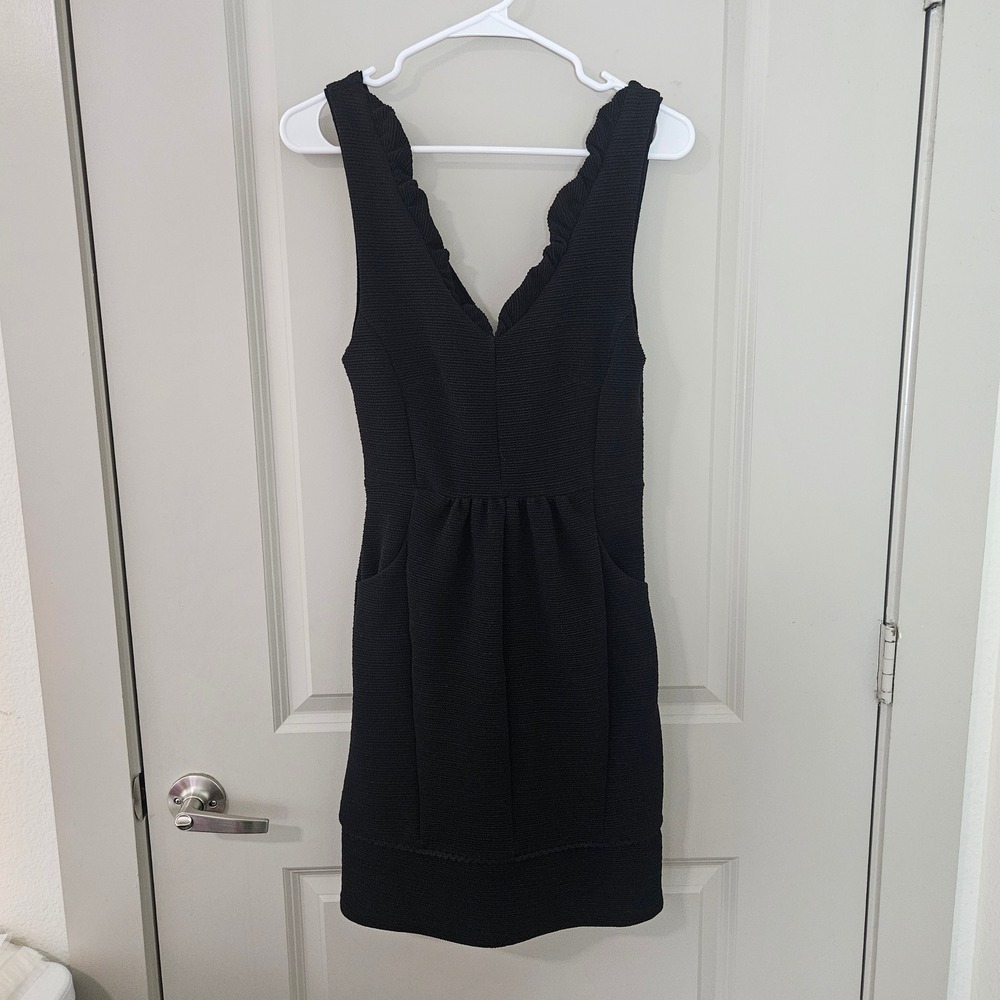 Maeve Anthropologie Black Textured V-Neck Ruffle Mini Dress Pockets XS